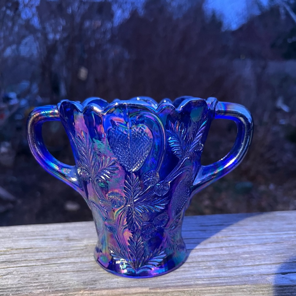 Double Handled Mosser Strawberry Design Cobalt Blue 5” Height Bowl Glass